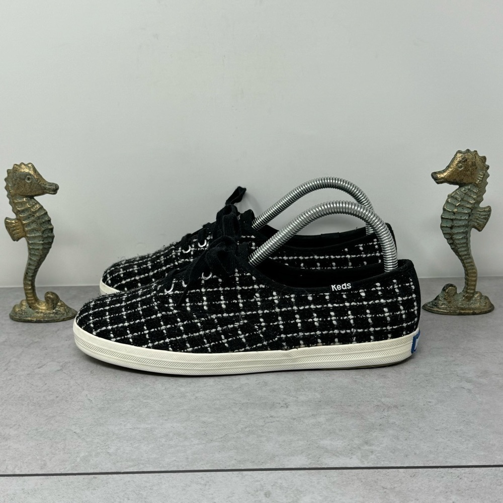 Keds Sz 7.5 Black White Plaid Tweed Black Metallic Thread Accent Shoes Sneakers